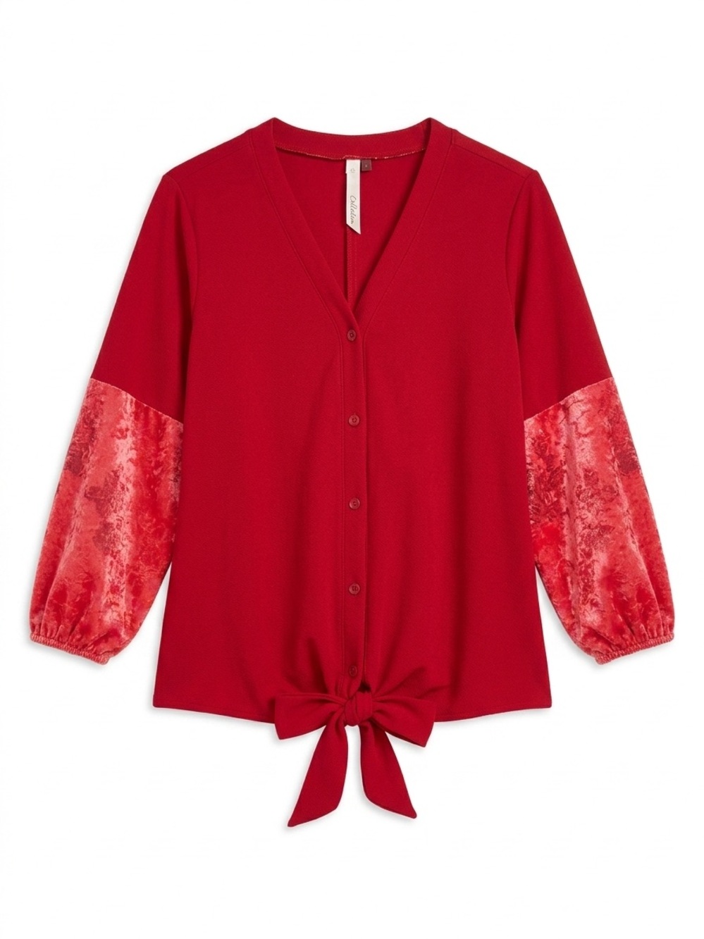 NY Collection Red Tie-Hem Button Front Blouse
